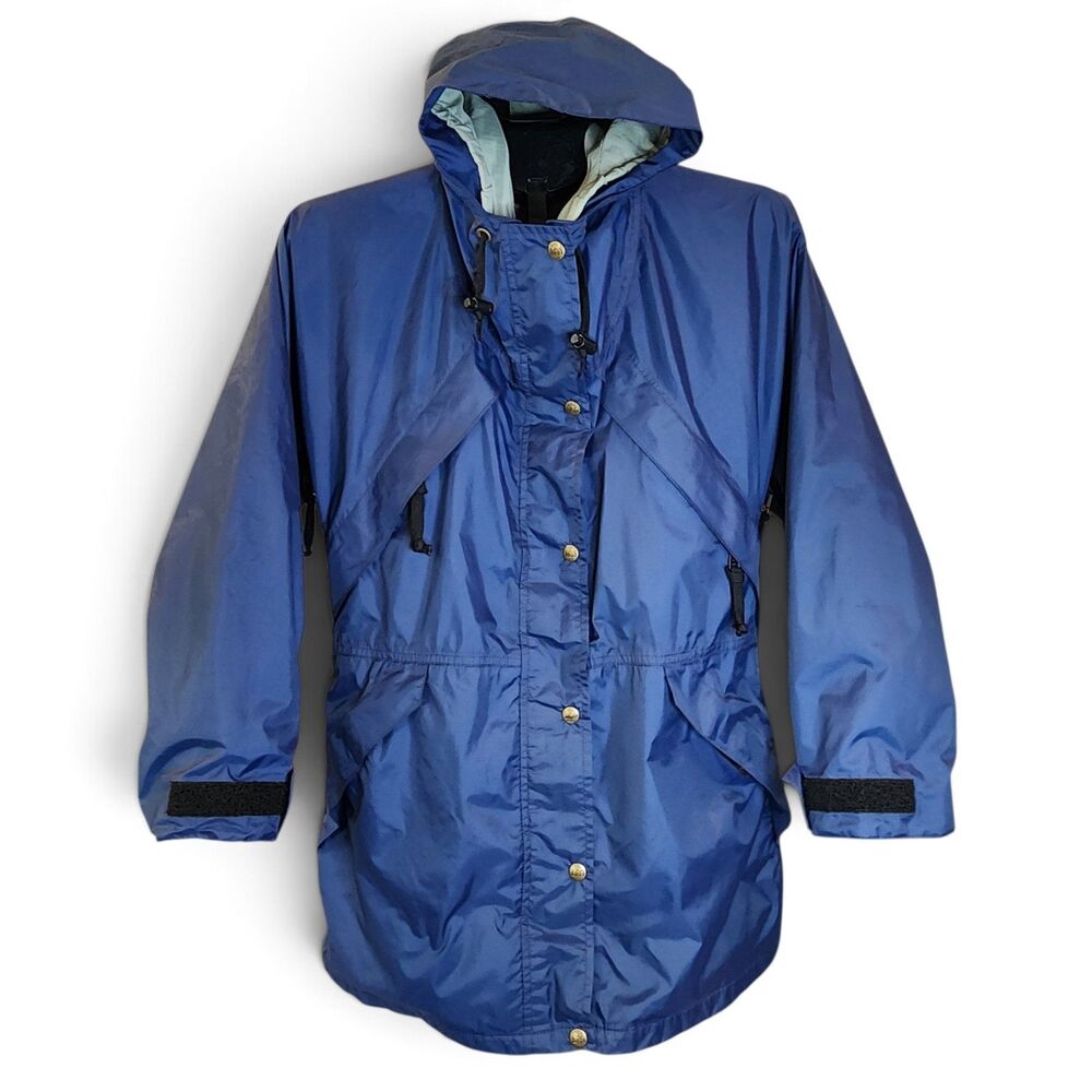 Vintage REI Women's Small Blue Hooded Rain Jacket Long Nylon Windbreaker Coat